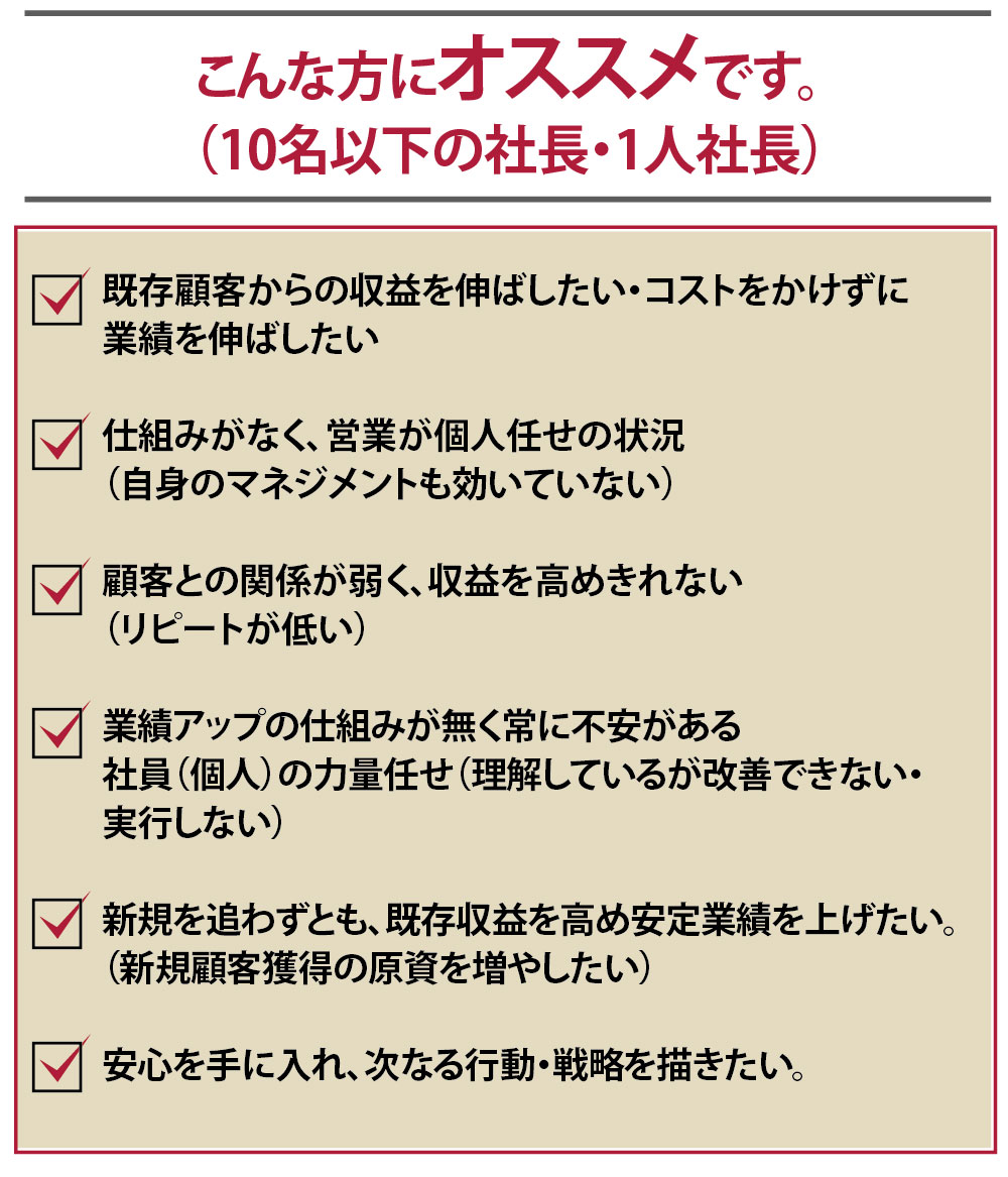 こんな方にオススメです。収益性の低迷・業績悪化を懸念している。収益性をさらに引き上げたいがセールスアプローチのマンネリ化を危惧している。新たな改革・市場創造の弱さい不安を抱いている。管理者のマネジメント不足から自らが常に先頭にたち続けている。会社の将来戦略を考える時間もなく、未来への展望が描けない。独自のリストの存在と価値に気づいていない。改革を望み、将来の組織作り・ビジネス作りを進めようと決意している。自らが変革のリーダーになる覚悟がある